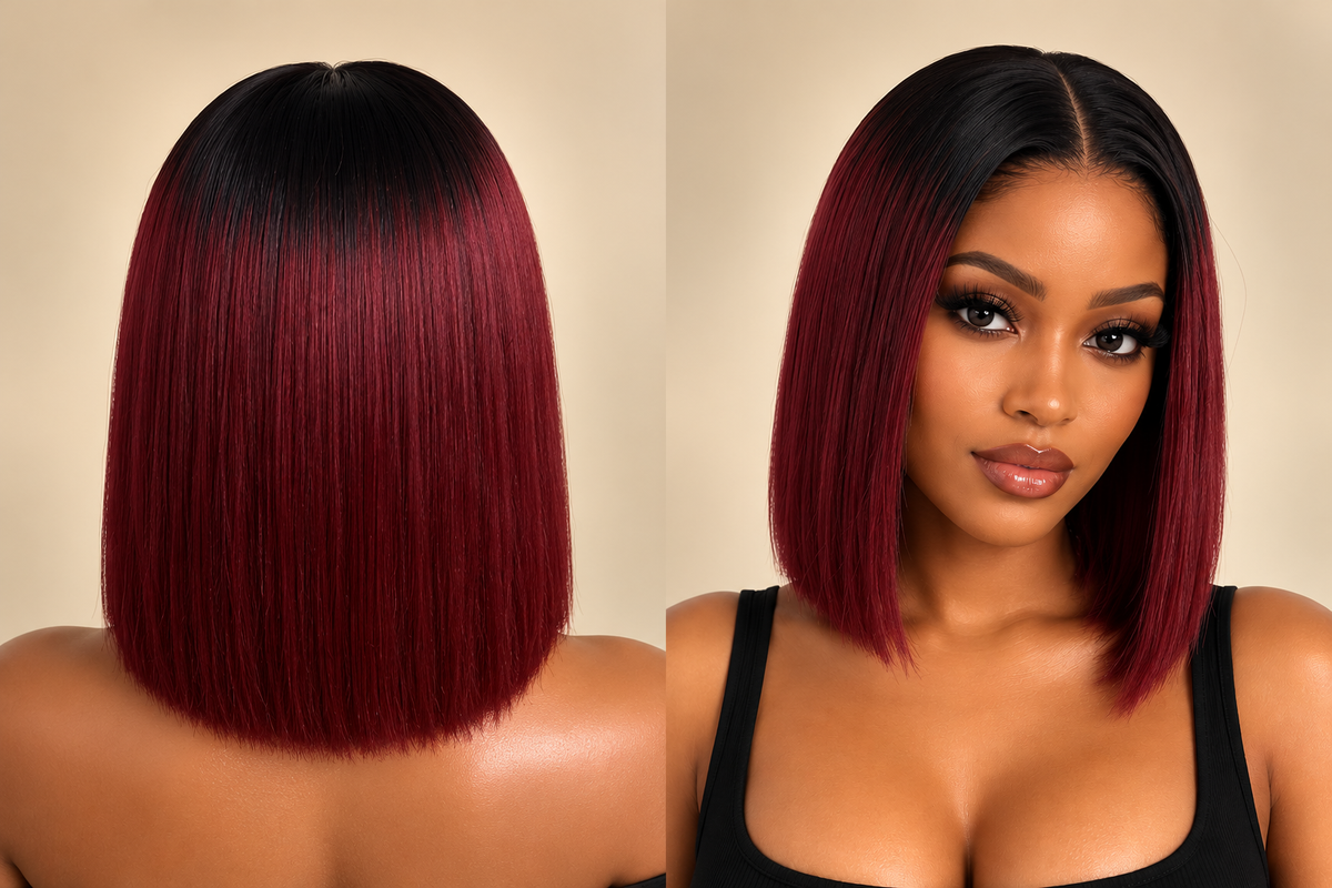 Raw Vietnamese Burgundy Bob Wig – Model front and back view showing rich burgundy colour with dark roots