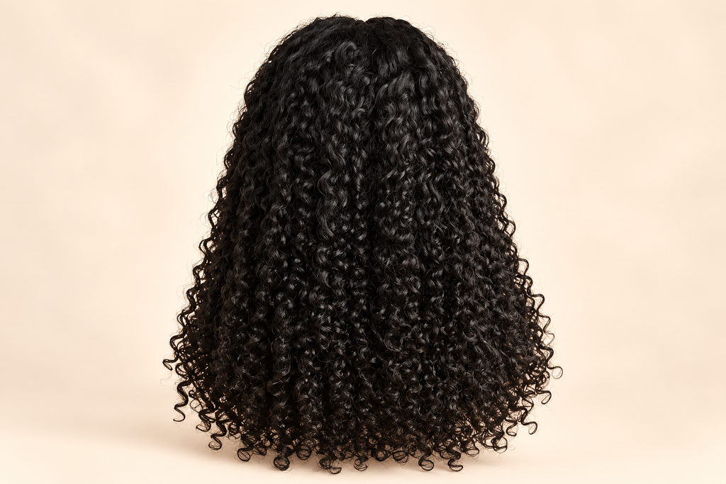 Kinky Curly Raw Vietnamese Wig 18 Inches – Studio flat lay showing curl definition and texture
