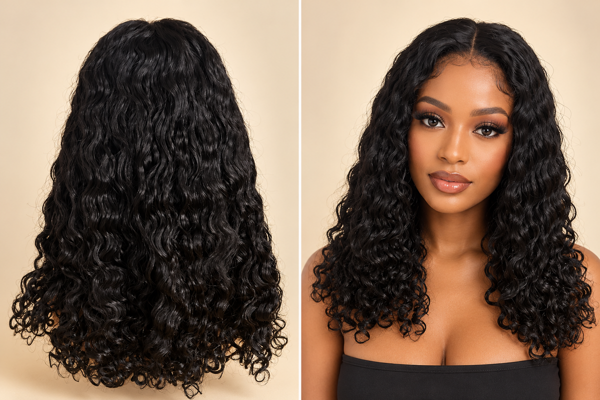 Raw Vietnamese Deep Wave Wig 18 Inches – Back and front view showing natural black flowing waves