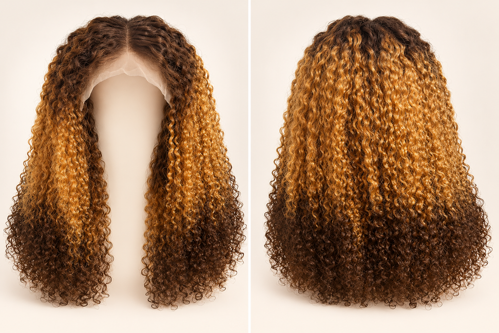 Kinky Curly Raw Vietnamese Hair Wig 18 Inches – Front and back comparison on clean background