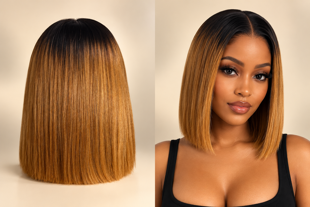 Raw Vietnamese Bob Wig 10 Inches – Back and front view showing honey blonde colour with dark roots and sleek blunt cut