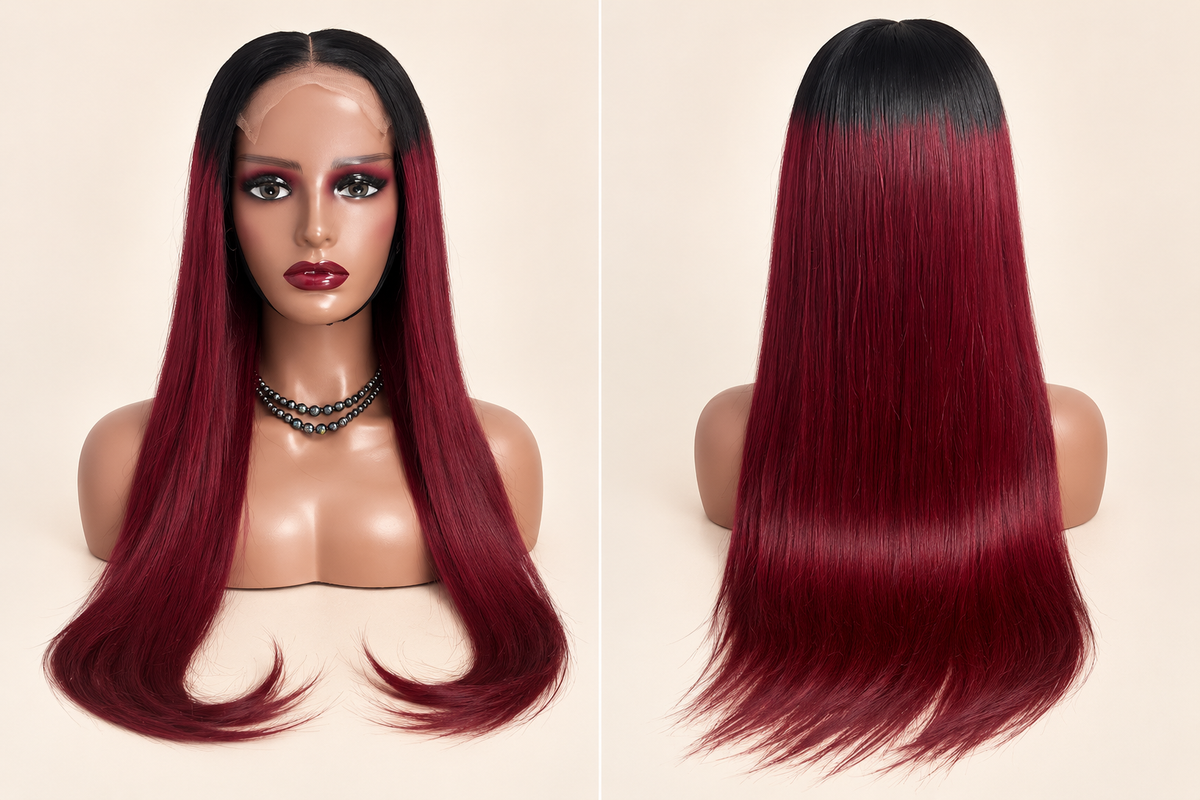 Raw Vietnamese Bone Straight Premium Wig 26 Inches – Front and back view on mannequin showing black to burgundy colour