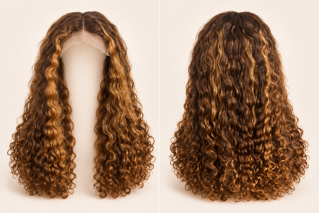 Raw Vietnamese Deep Wave Wig 18 Inches – Front and back view showing rich brown and honey-caramel highlight waves