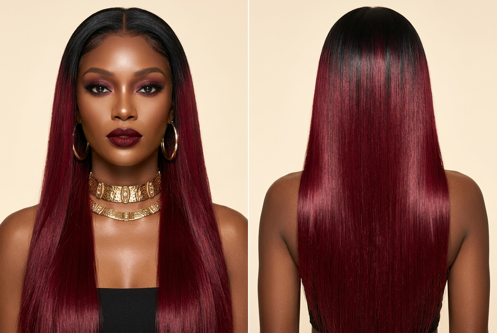 Black to Burgundy Wig – Human Model Front