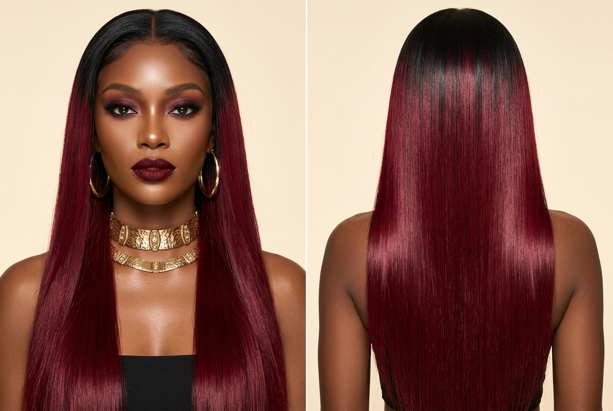 Black to Burgundy Wig – Human Model Front