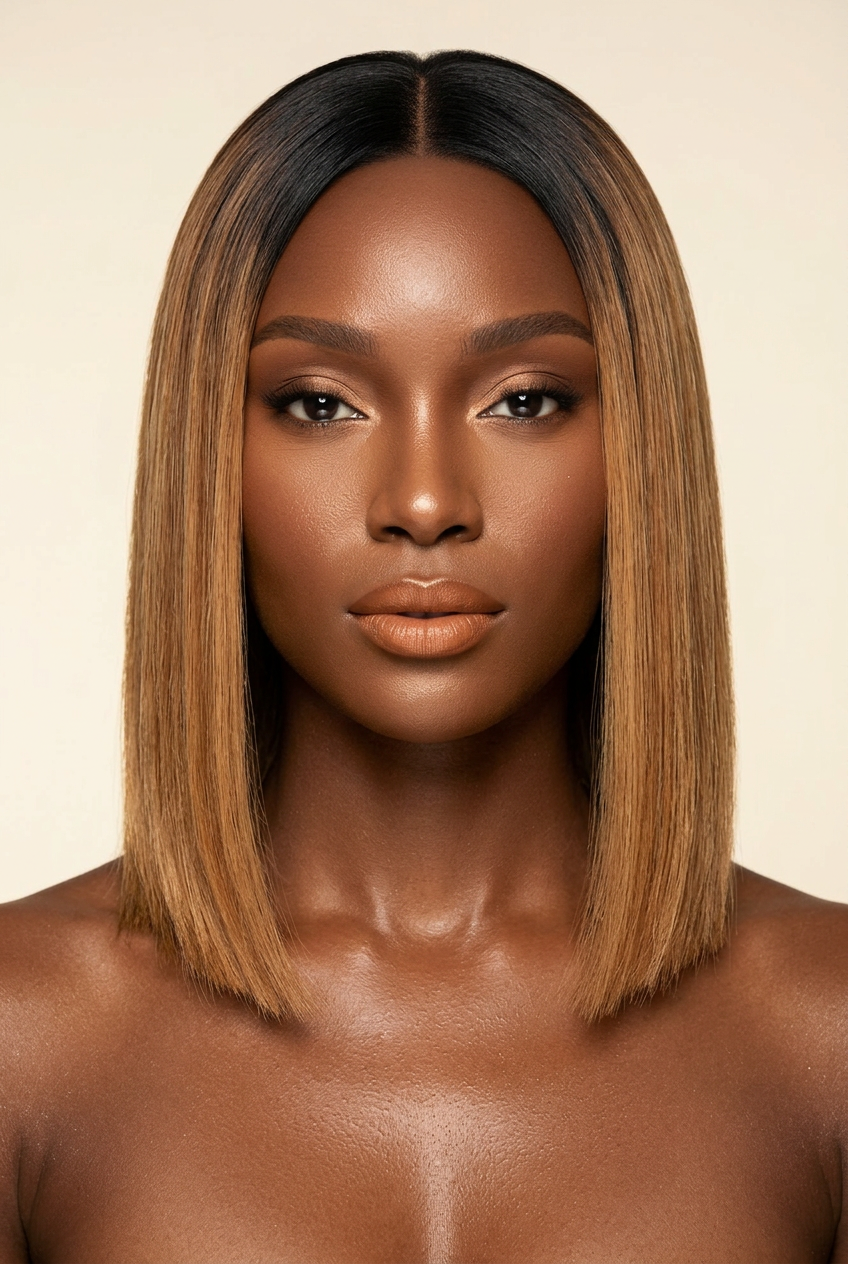 Raw Vietnamese Bob Wig 10 Inches – Human model front view showing honey blonde bob with dark roots