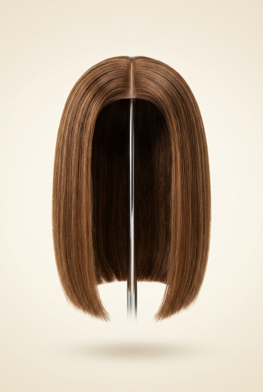Raw Vietnamese Warm Brown Bob Wig 8 Inches – Wig stand front view