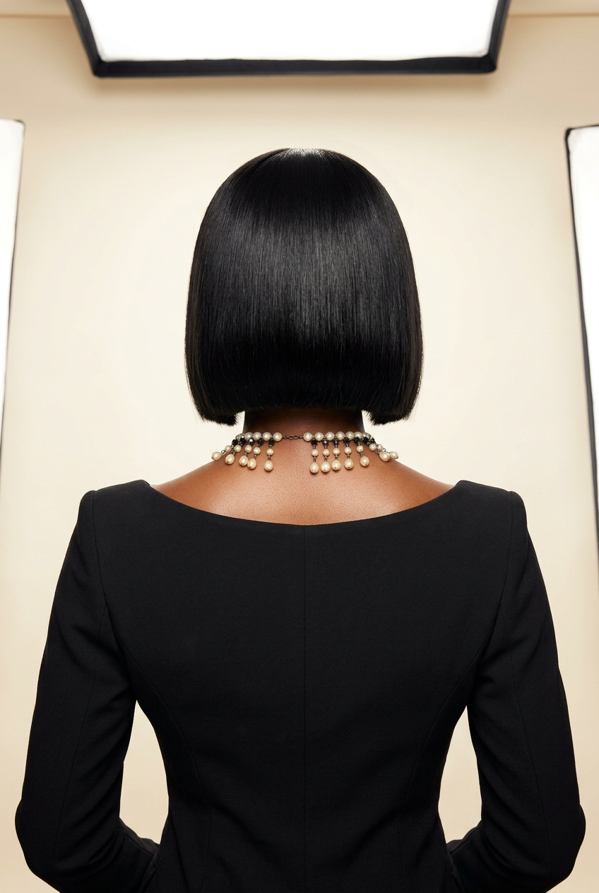 Raw Vietnamese Jet Black Bob Wig 8 Inches – Human model back view, clothed