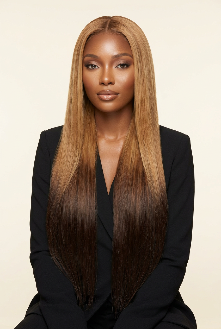 Raw Vietnamese Bone Straight Ombre Wig 24 Inches – Human model front view, clothed