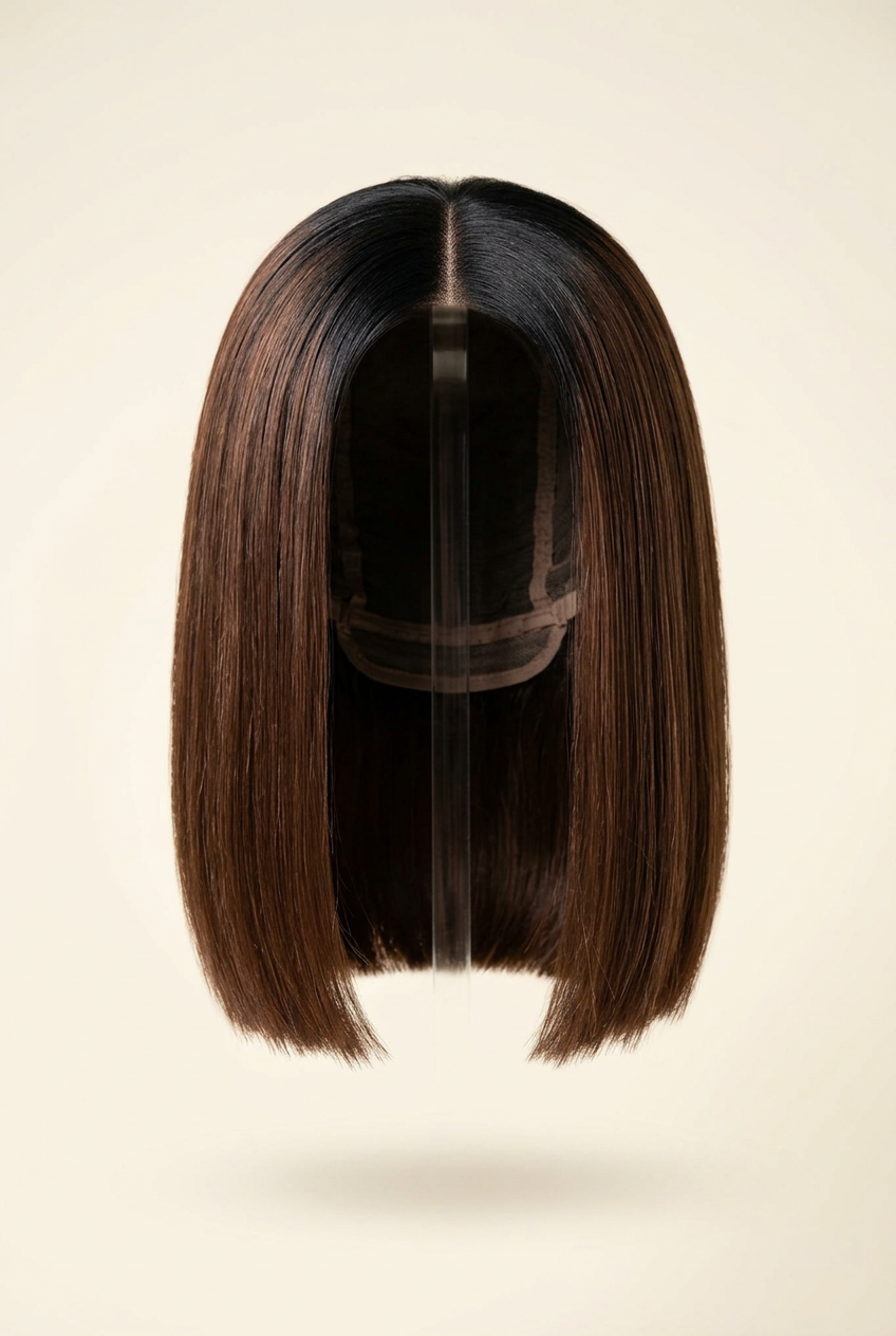 Raw Vietnamese Chocolate Brown Bob Wig – Wig stand front view, no mannequin