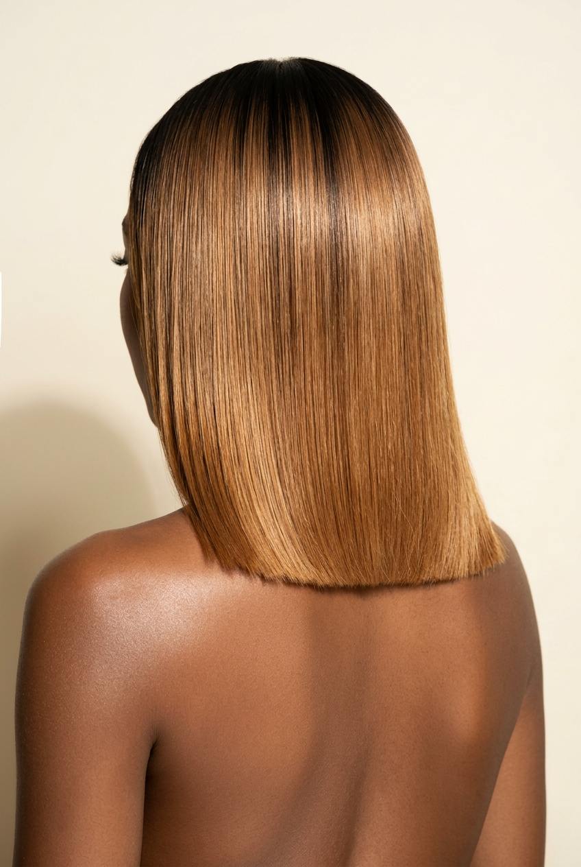 Raw Vietnamese Bob Wig 10 Inches – Human model back view showing sleek honey blonde blunt cut bob