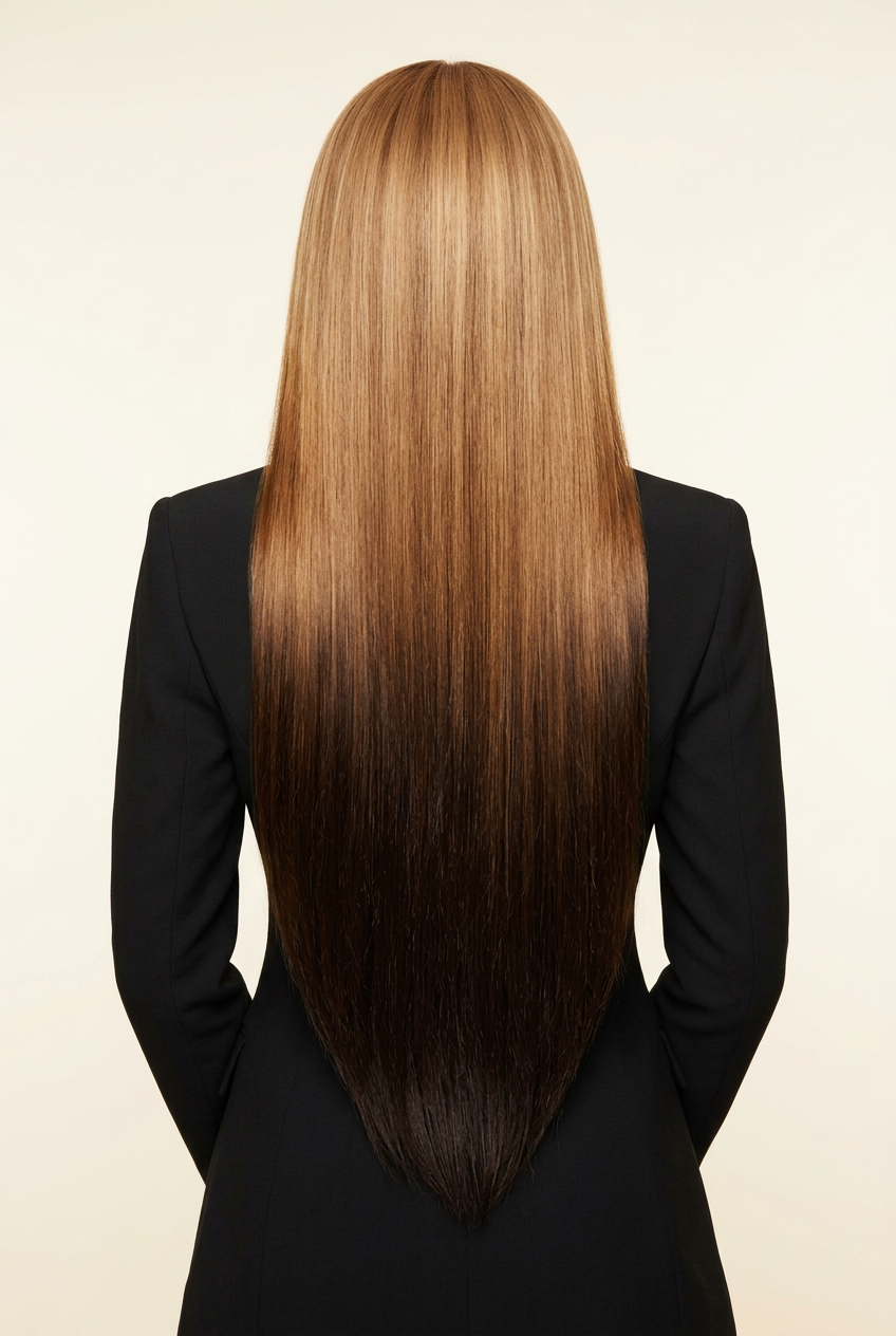 Raw Vietnamese Bone Straight Ombre Wig 24 Inches – Human model back view, clothed