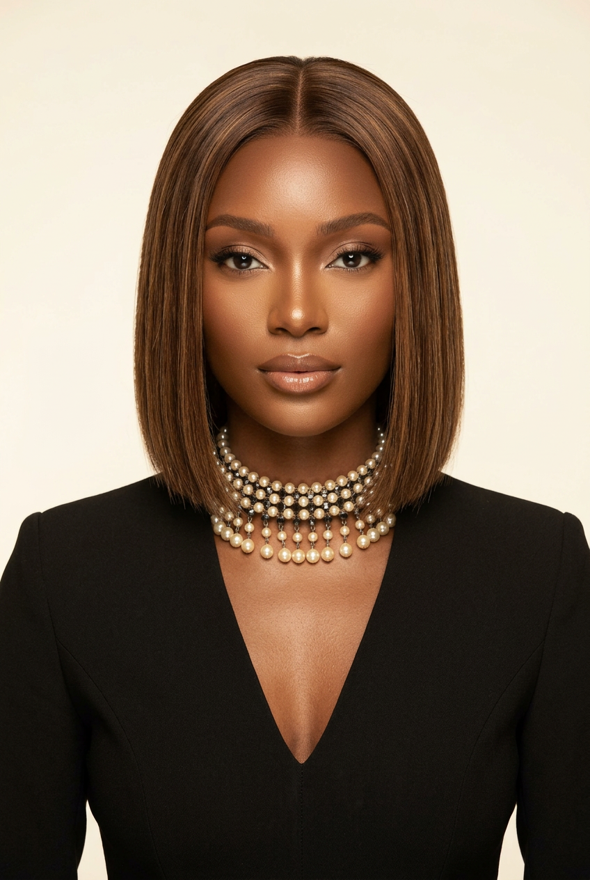 Raw Vietnamese Warm Brown Bob Wig 8 Inches – Human model front view, clothed