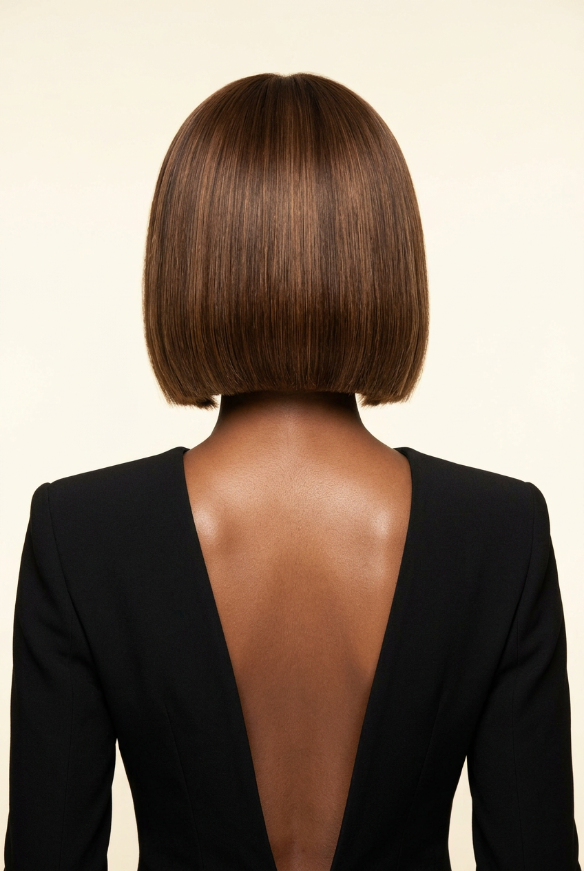 Raw Vietnamese Warm Brown Bob Wig 8 Inches – Human model back view, clothed