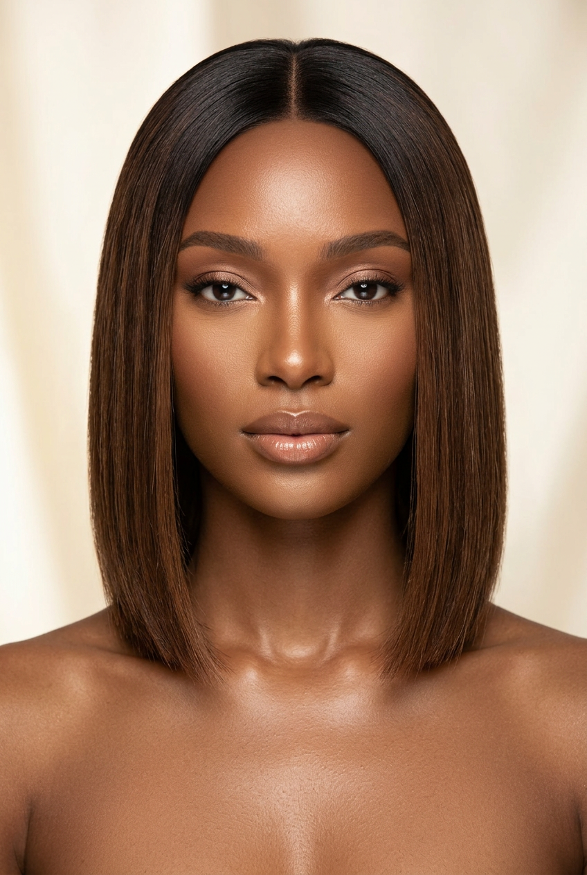 Raw Vietnamese Chocolate Brown Bob Wig – Human model front view
