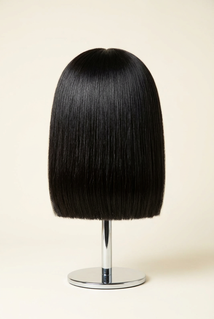 Raw Vietnamese Jet Black Bob Wig 8 Inches – Wig stand back view