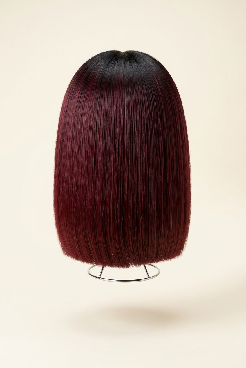 Raw Vietnamese Burgundy Bob Wig – Back view on wig stand showing sleek straight blunt cut