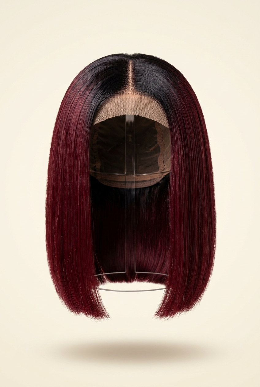 Raw Vietnamese Burgundy Bob Wig – Front view on wig stand showing dark roots and burgundy colour